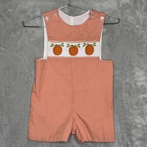 Smocked Auctions Jon Jon Boys 24M Orange Gingham Pumpkin Fall Outfit Romper